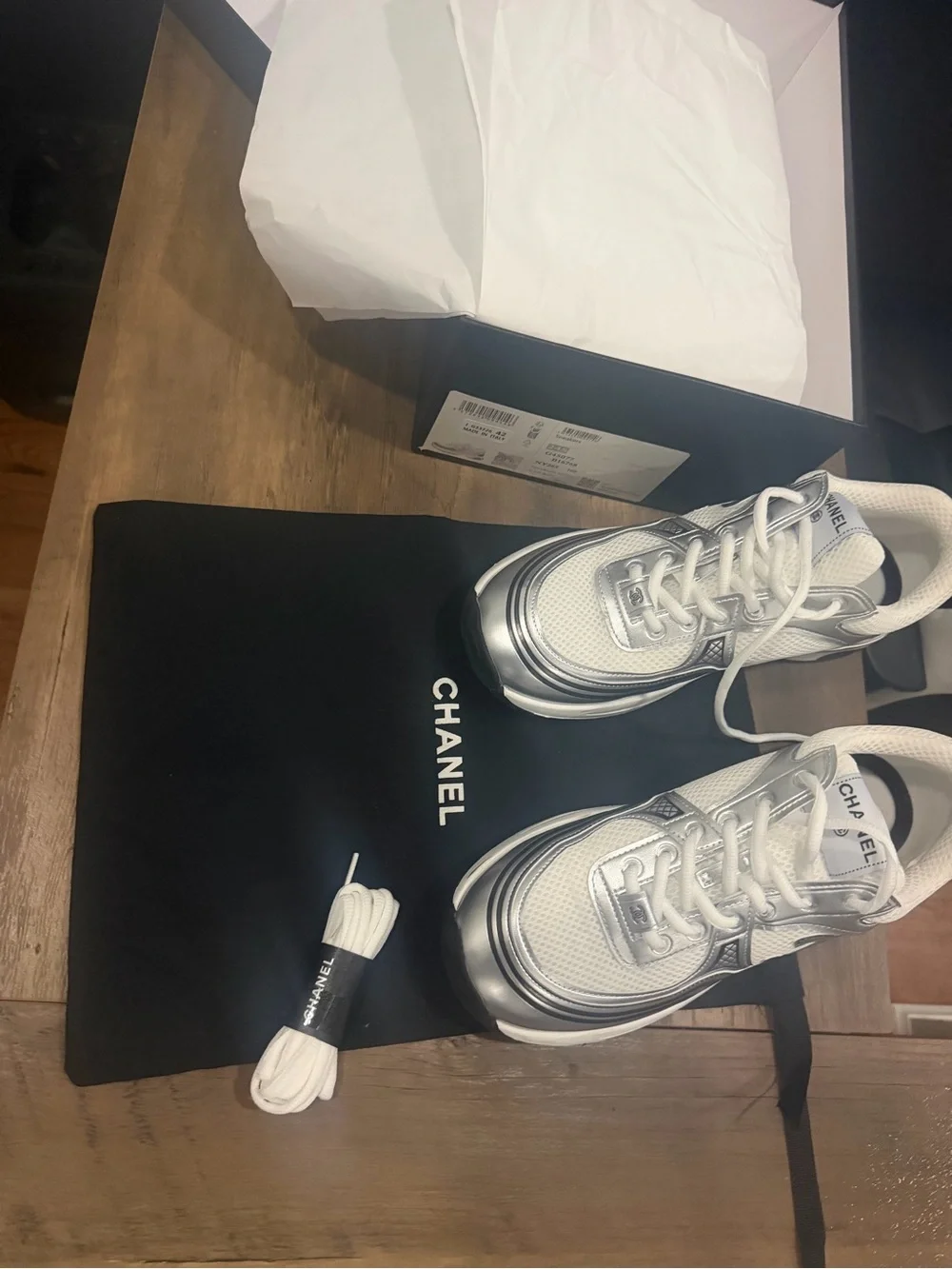 CHANEL Silver & White Logo Runner Sneakers